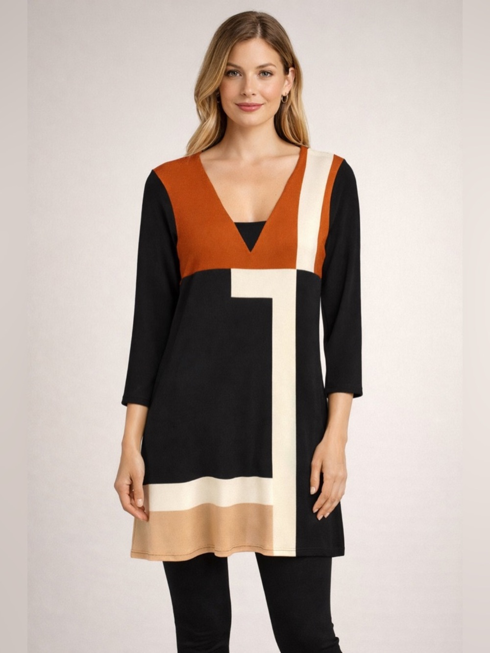 Eva Varro Geometric Colorblock Mini Dress Tunic | Black Rust Ecru | Size M